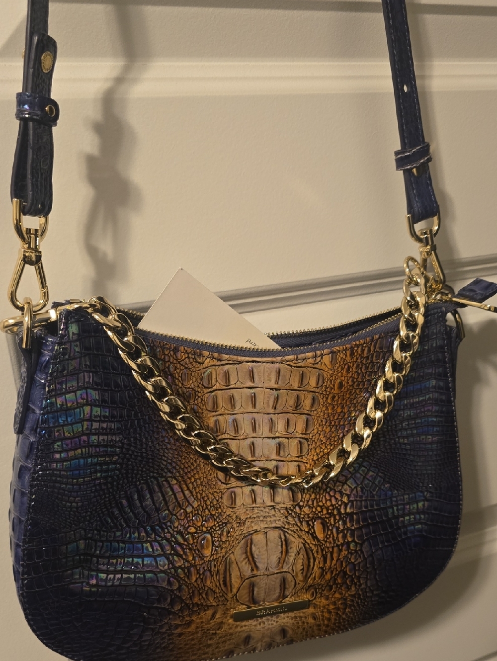 Brahmin Croc-Embossed Navy and Brown Shoulder Bag with  Chain